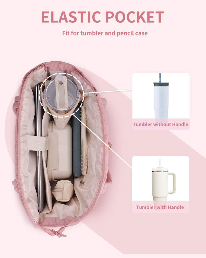 Durable women's puffer tote for daily use, featuring a padded laptop sleeve & cup holder.
