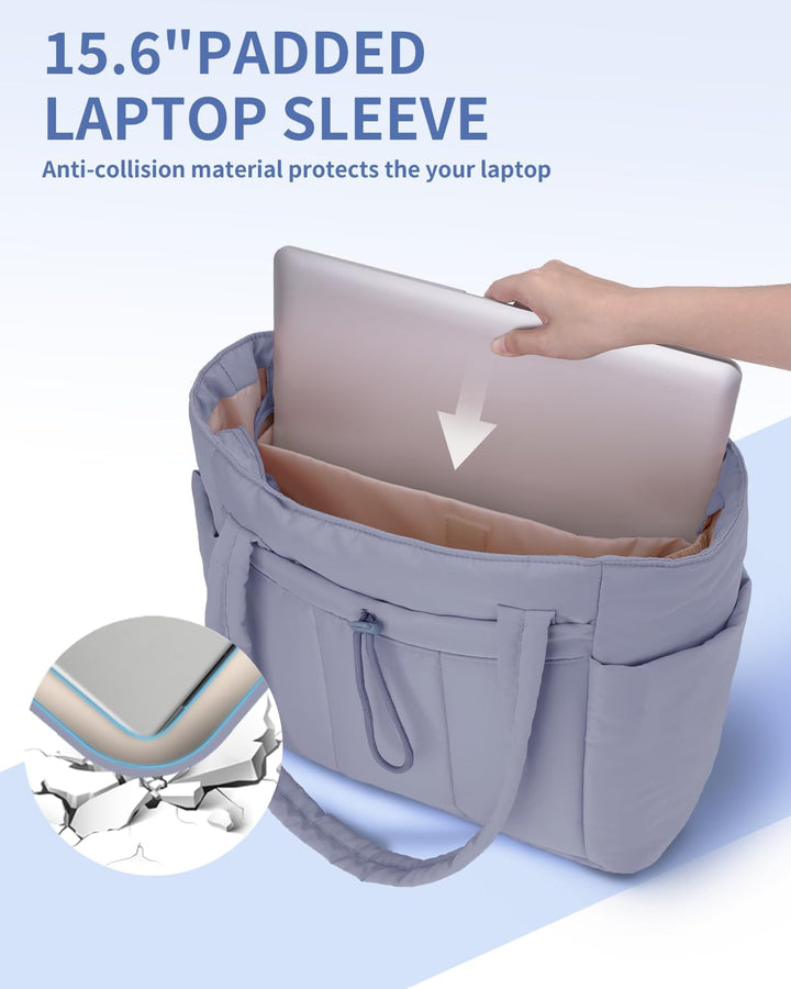 Practical women's quilted work bag with a laptop sleeve, cup holder & multiple pockets.