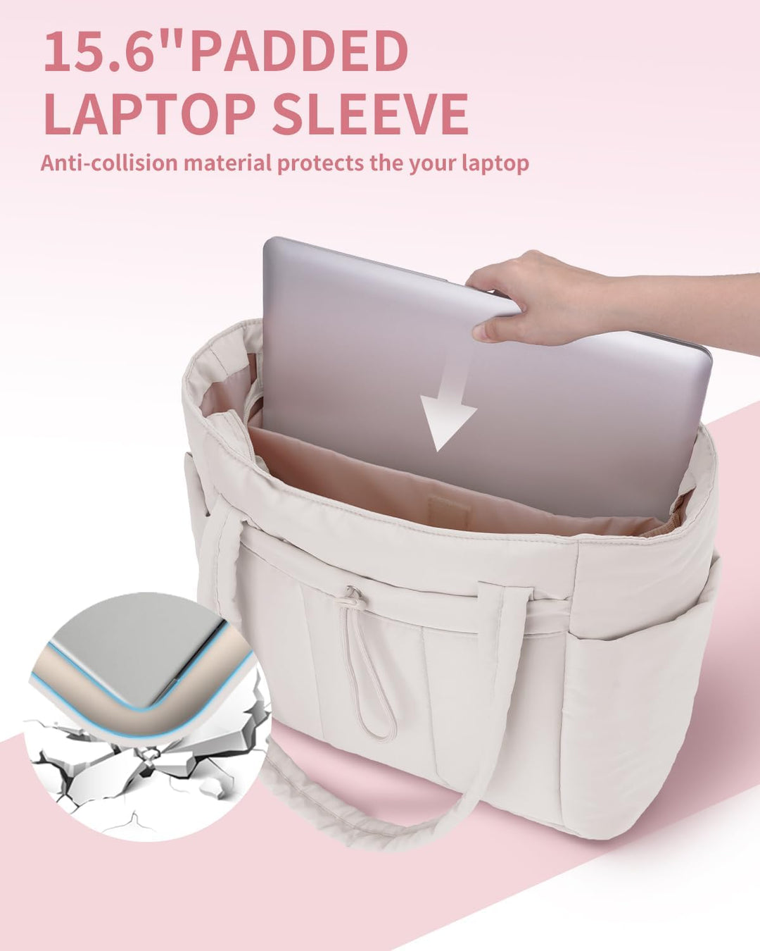 Women's spacious quilted puffer tote, perfect for carrying essentials, laptop & drinks.