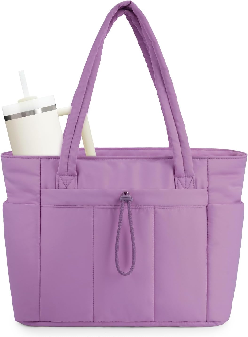 Organized women's quilted tote for the office, featuring a laptop sleeve & a handy cup holder.