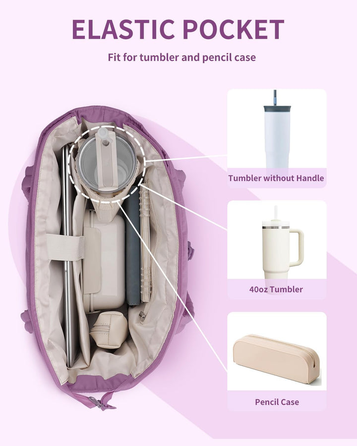 Women's large capacity puffer tote, great for travel, with a padded laptop sleeve & cup holder.