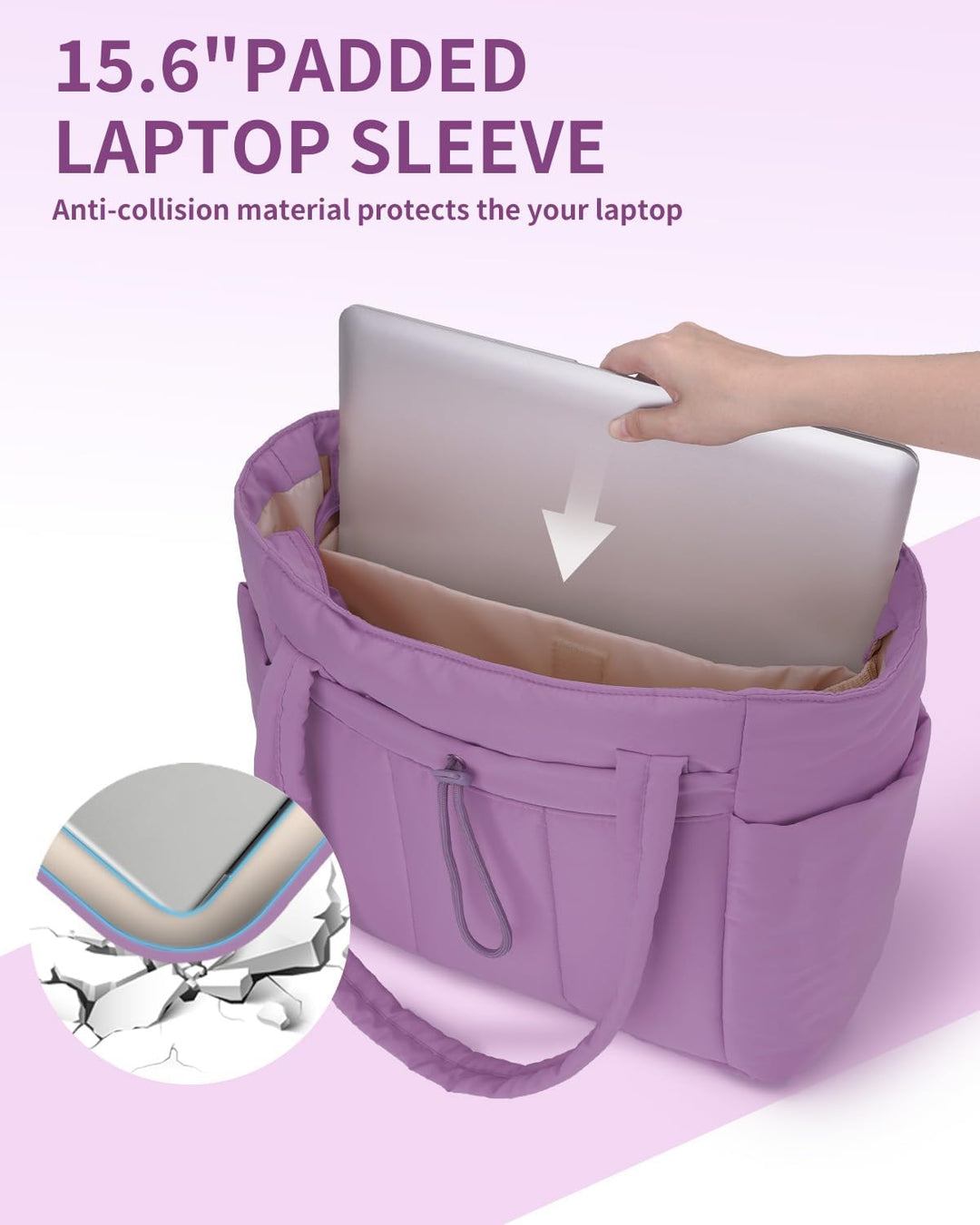 Everyday women's quilted tote with secure laptop sleeve & cup holder for on-the-go hydration.