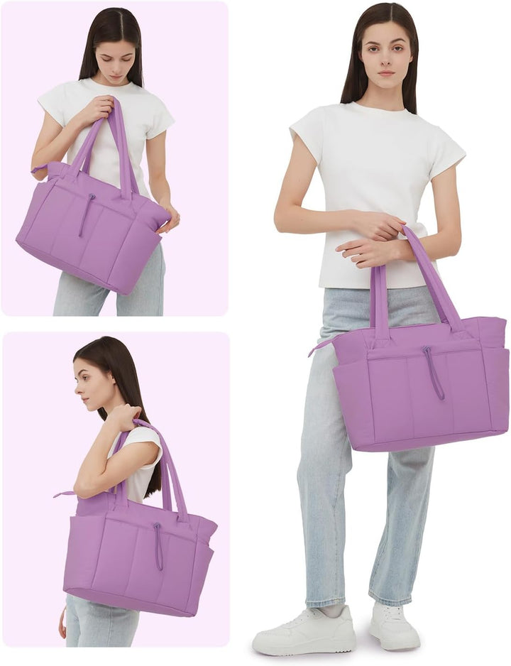 Women's practical black puffer tote, perfect for work, with laptop sleeve & external cup holder.