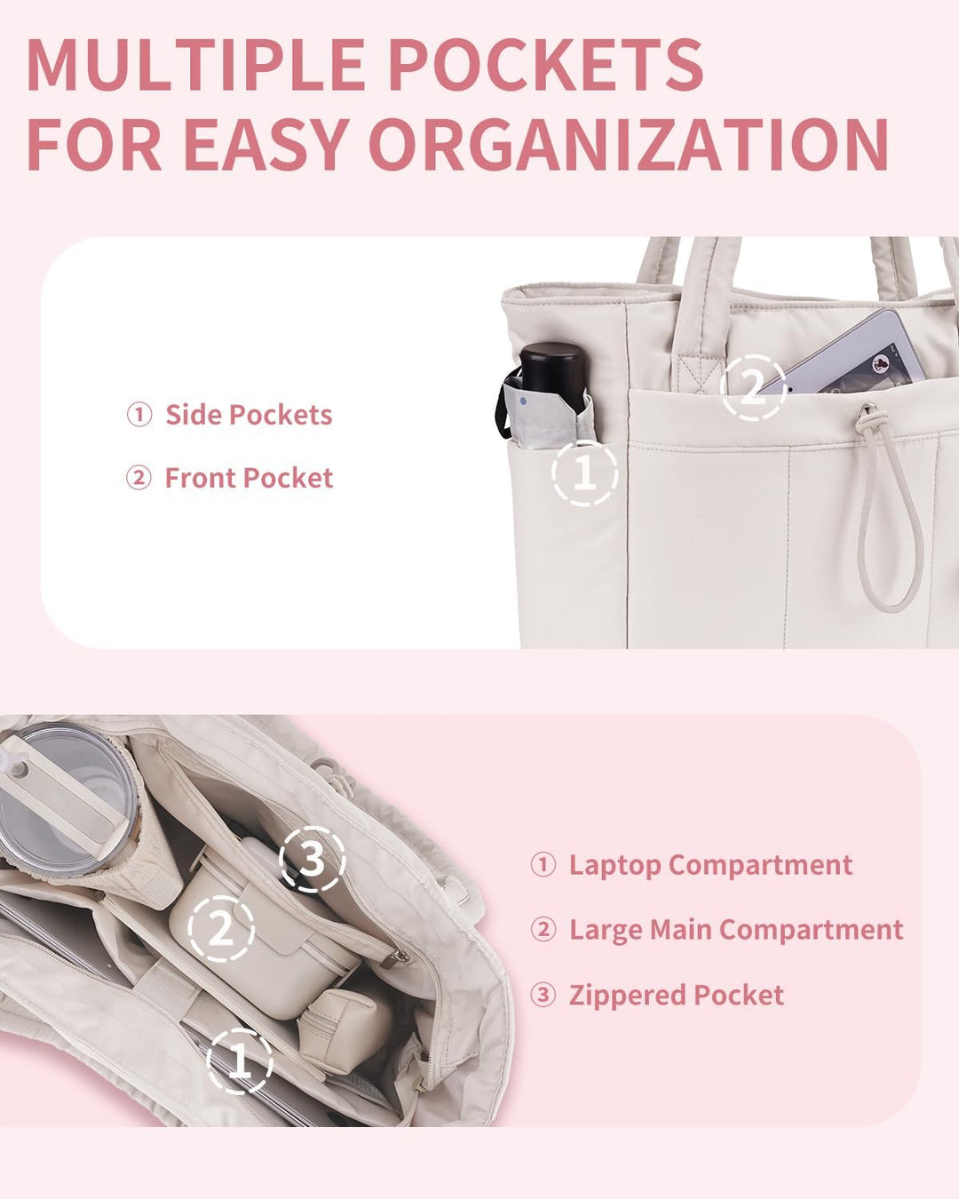Women's stylish quilted tote for travel, featuring a laptop sleeve & easy-access cup holder.