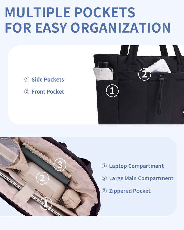 Everyday women's puffer tote with secure laptop sleeve and hydration-friendly cup holder.