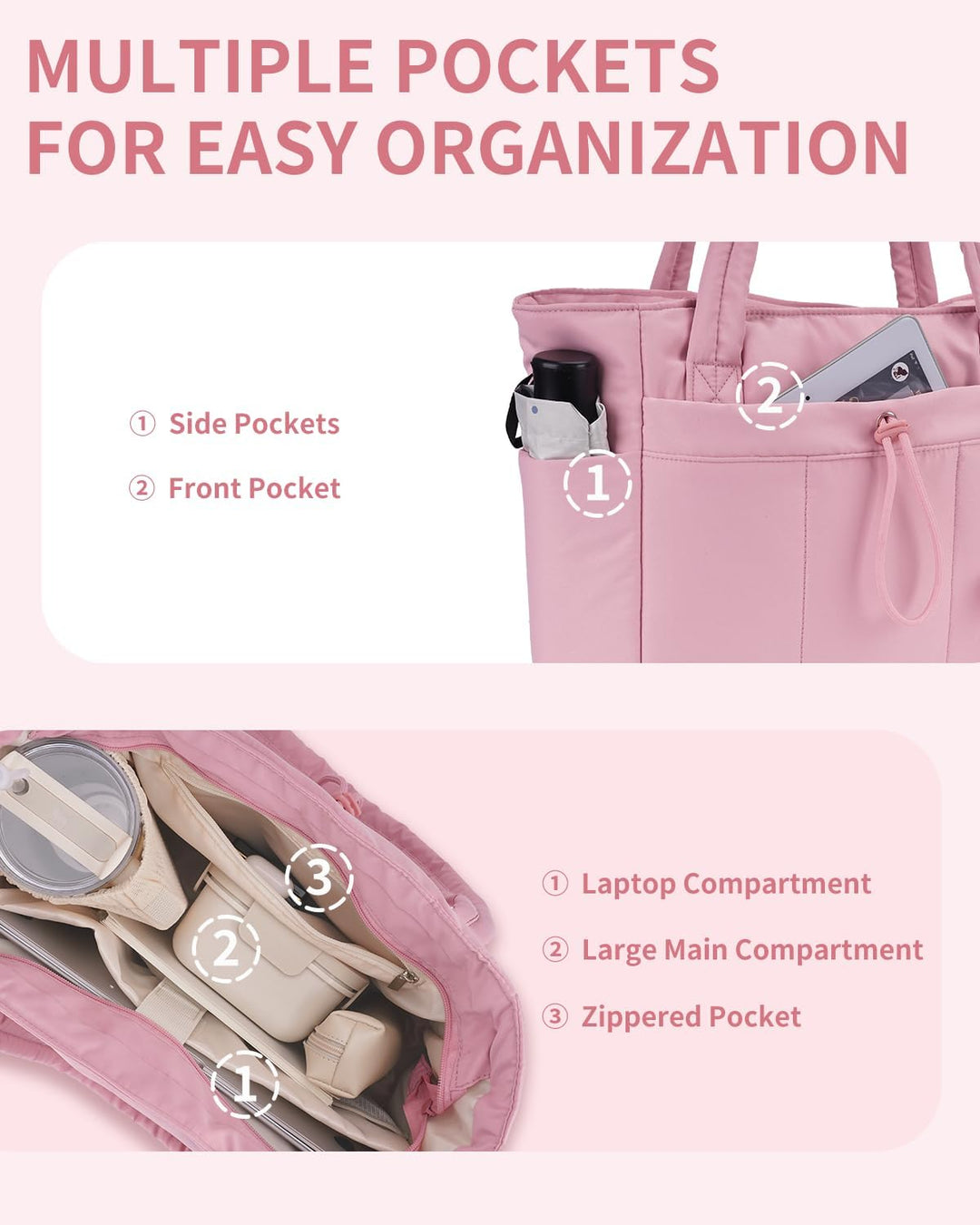 Women's black quilted tote, professional for work, with laptop sleeve & convenient cup holder.