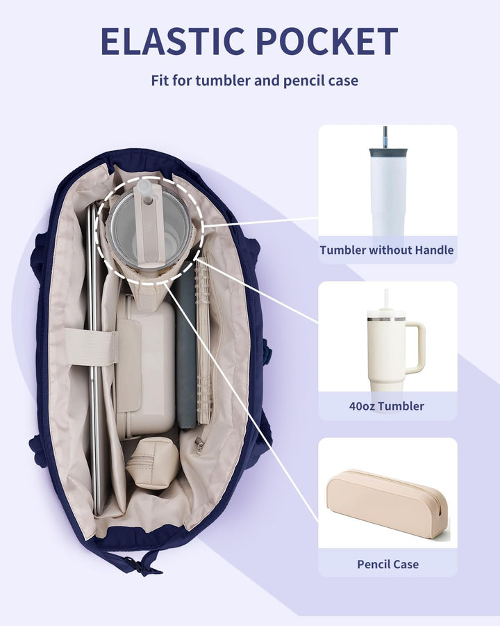 Modern women's puffer tote, perfect for students, with laptop sleeve & drink holder.