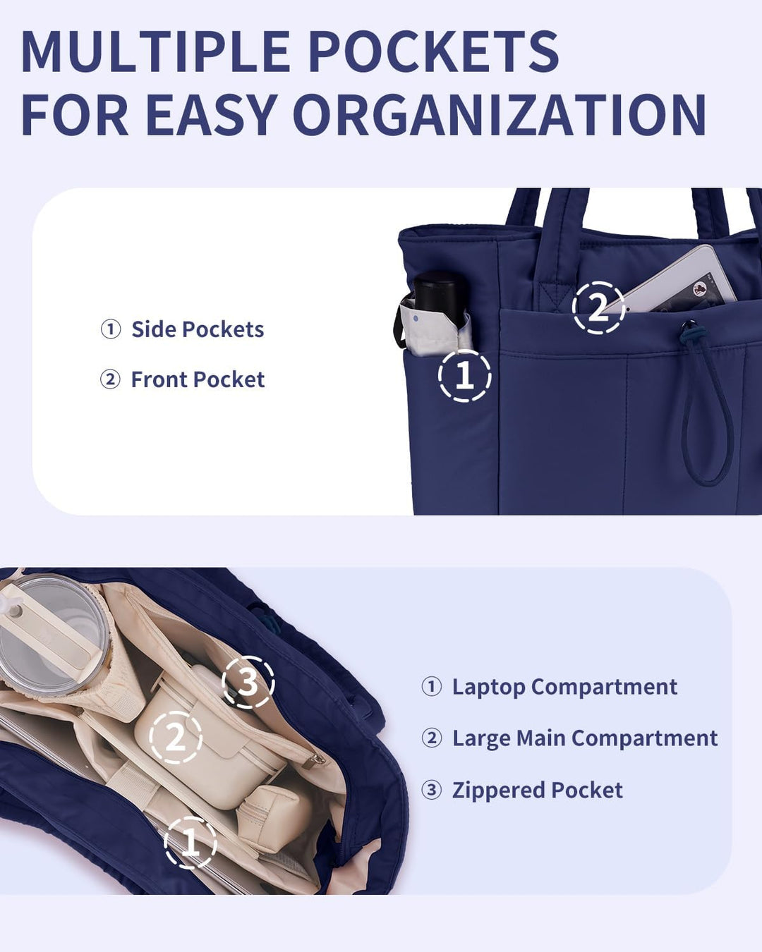 Functional women's puffer travel tote with laptop sleeve & cup holder for long journeys.