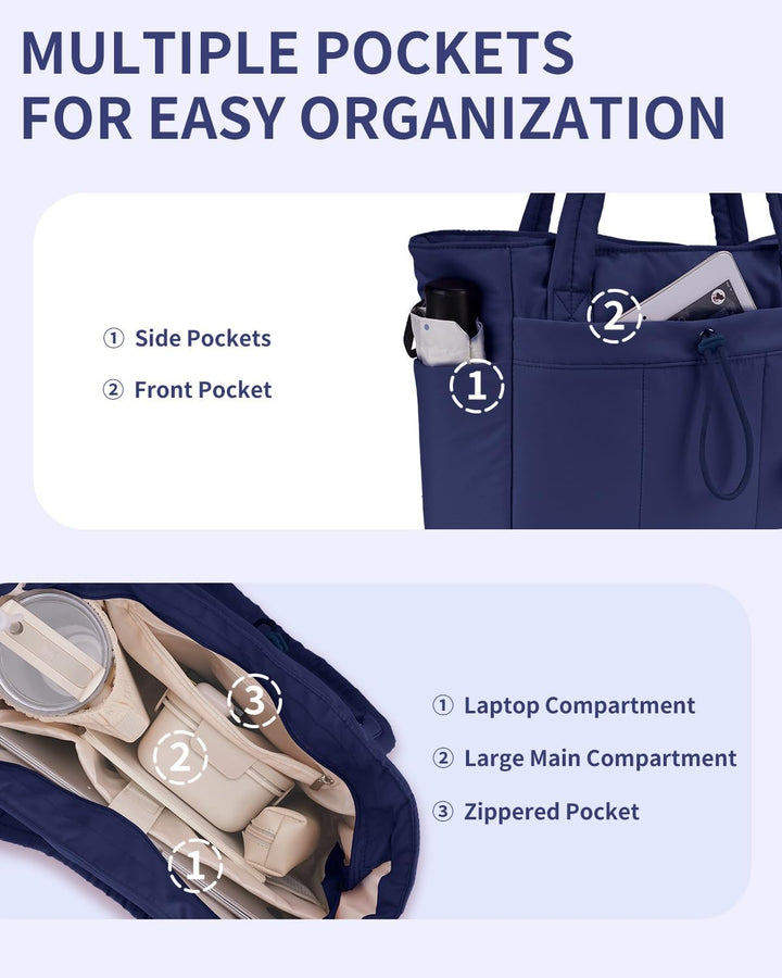 Functional women's puffer travel tote with laptop sleeve & cup holder for long journeys.