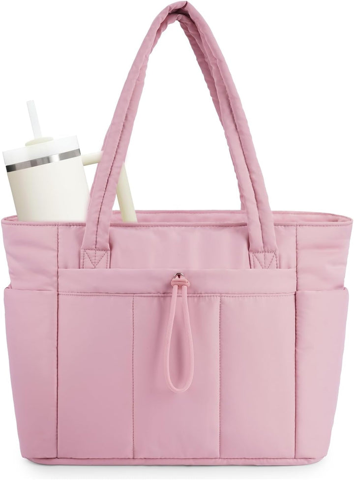 Women's quilted shoulder bag, perfect for travel, with laptop sleeve & an external cup holder.