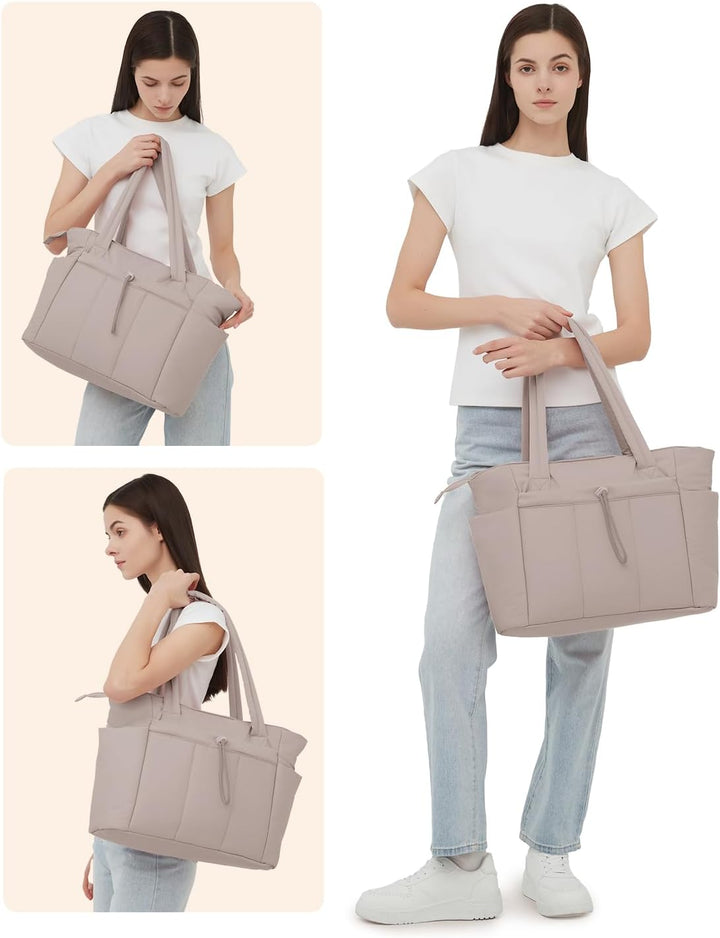 Water-resistant puffer tote with cup holder & laptop sleeve, great for active women.