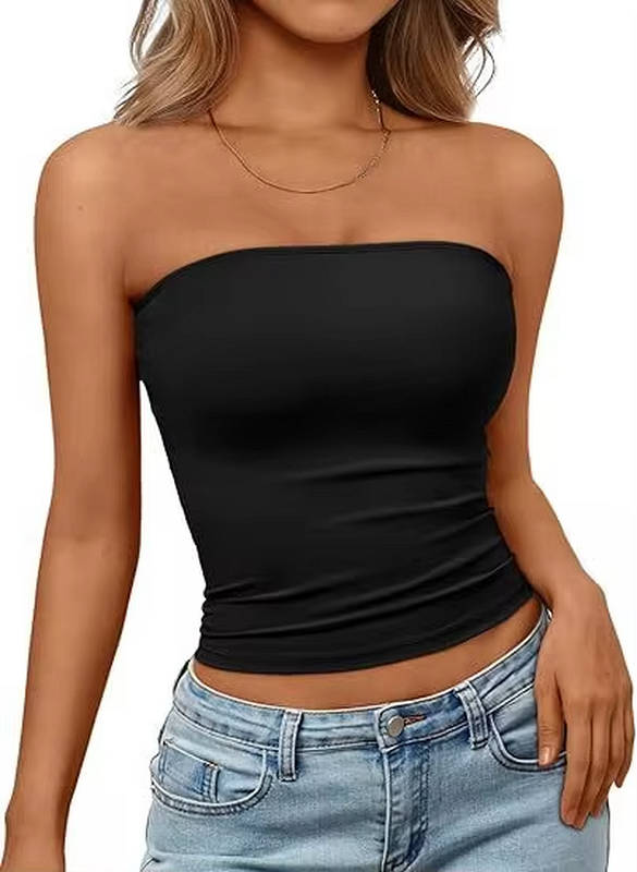 Women's black seamless stretch bandeau crop top, perfect for summer casual wear.