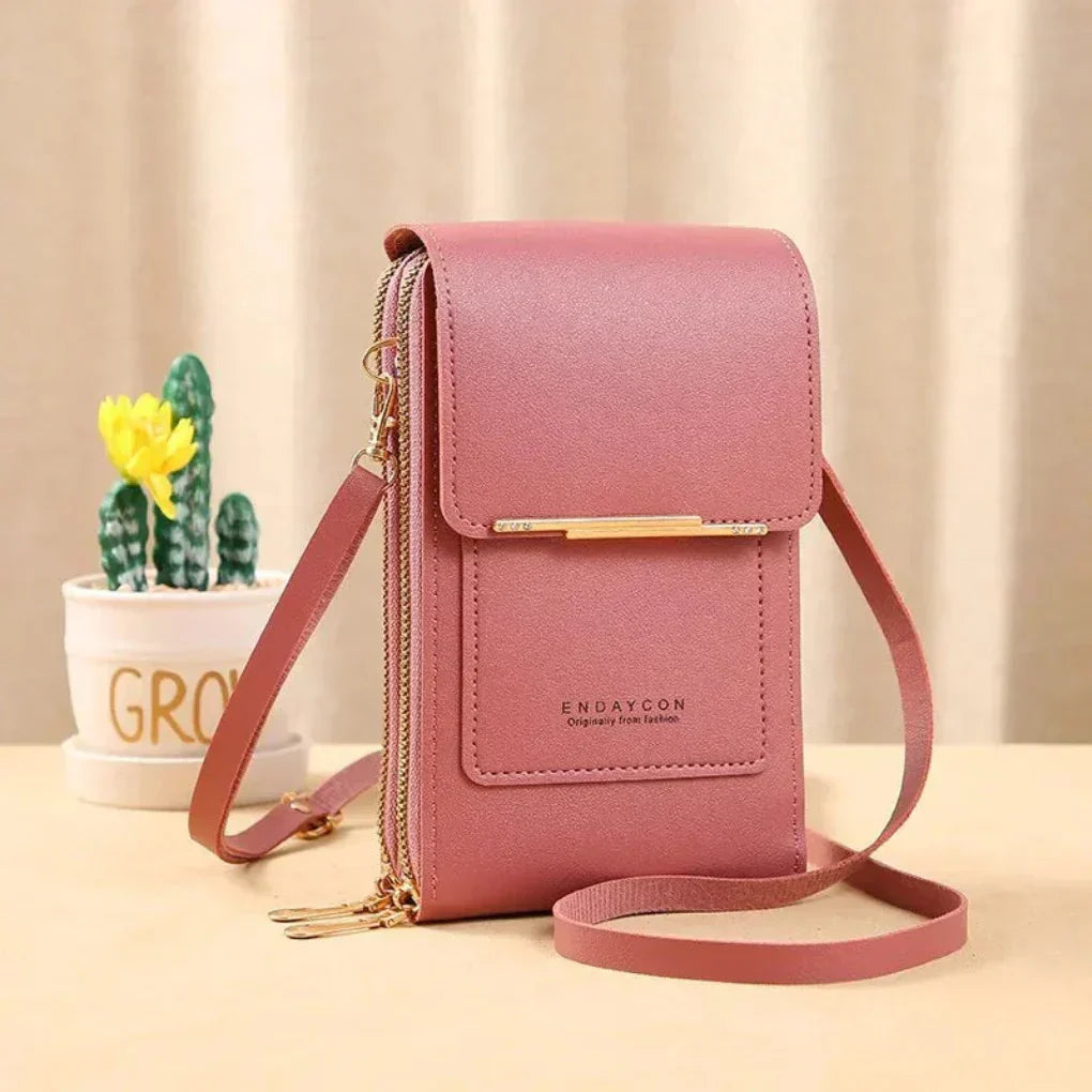 Stylish women's phone purse, a multi-pocket shoulder bag designed for daily organization & travel.