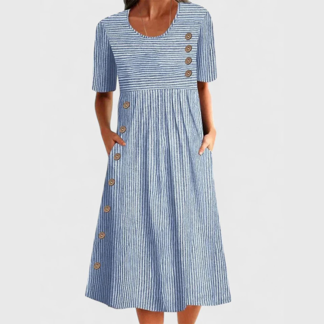 Women's blue striped midi dress with stylish side buttons, short sleeves, and a relaxed fit for casual summer days.