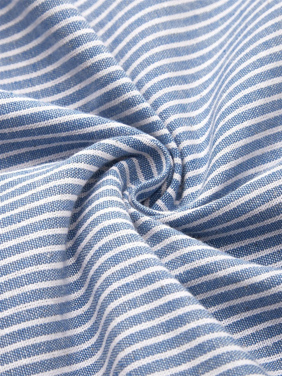 Elegant women's striped midi dress with unique side button details, short sleeves, and a comfortable relaxed fit.