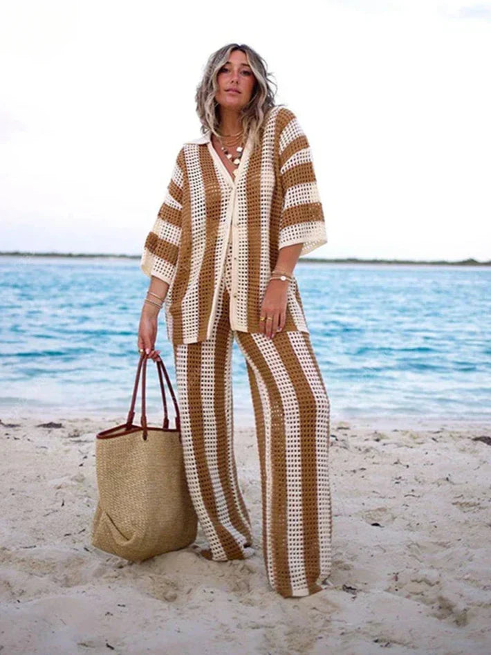 Stylish women's bohemian crochet knit summer two-piece set. Perfect for beach, resort, or casual wear.