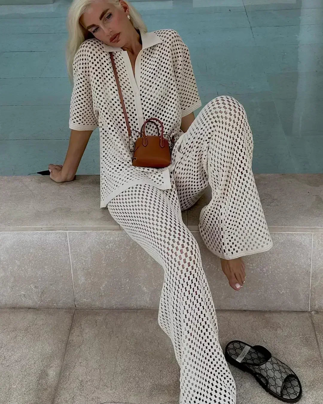 Versatile women's bohemian crochet knit summer two-piece set. Ideal casual wear, beachwear, resort wear.