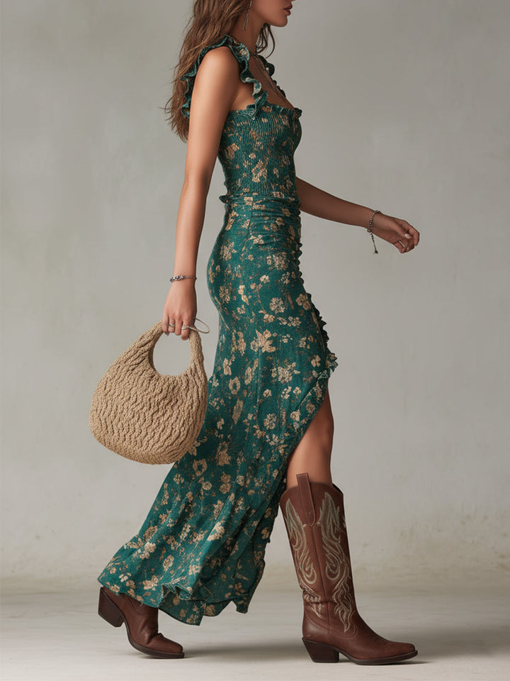 Elegant women's boho floral maxi dress, ideal for summer garden parties. Features stylish ruffled sleeves.