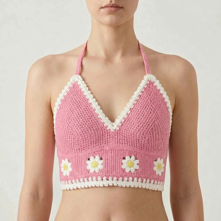Chic women's bohemian halter crop top for a summer festival or beach vacation. Boho style beachwear.