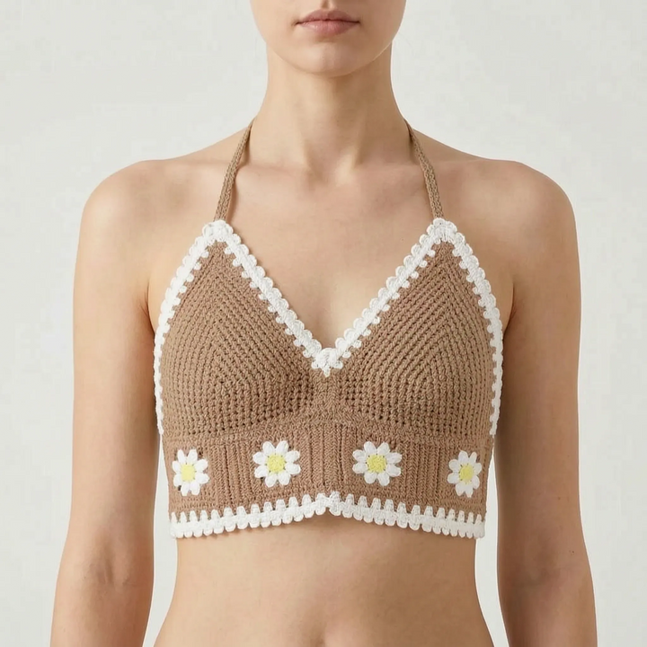 Women's clover print bohemian halter crop top. Stylish summer beachwear & festival wear for vacations.