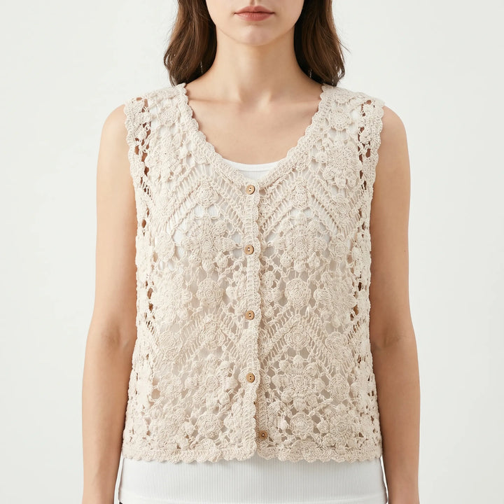 Women's casual Bohemian Knit Tank Top with a relaxed fit & v-neck. Versatile sleeveless vest for summer & beach.