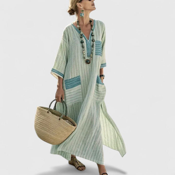 Women's Bohemian Maxi Dress with Pockets, a stylish summer essential for warm weather.