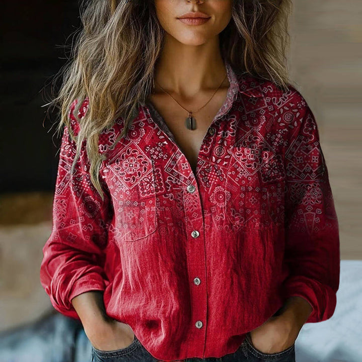 Women's bohemian print blouse with relaxed fit, perfect for casual summer style. Features vintage-inspired pattern.
