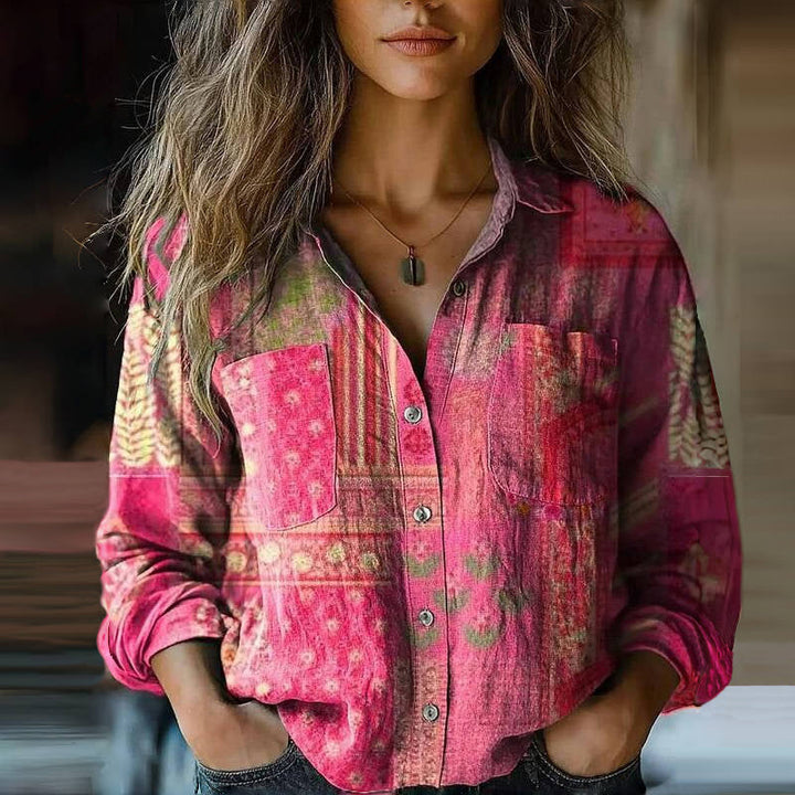 Relaxed women's bohemian blouse with intricate print, suitable for casual wear & a free-spirit summer look.