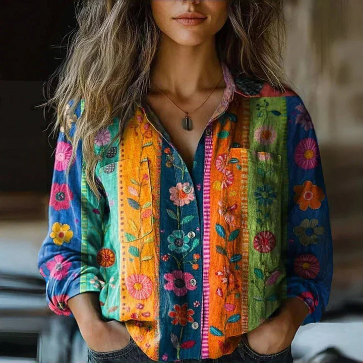 Effortless women's bohemian print blouse. Flowy, relaxed fit summer top for casual, vintage-inspired style.