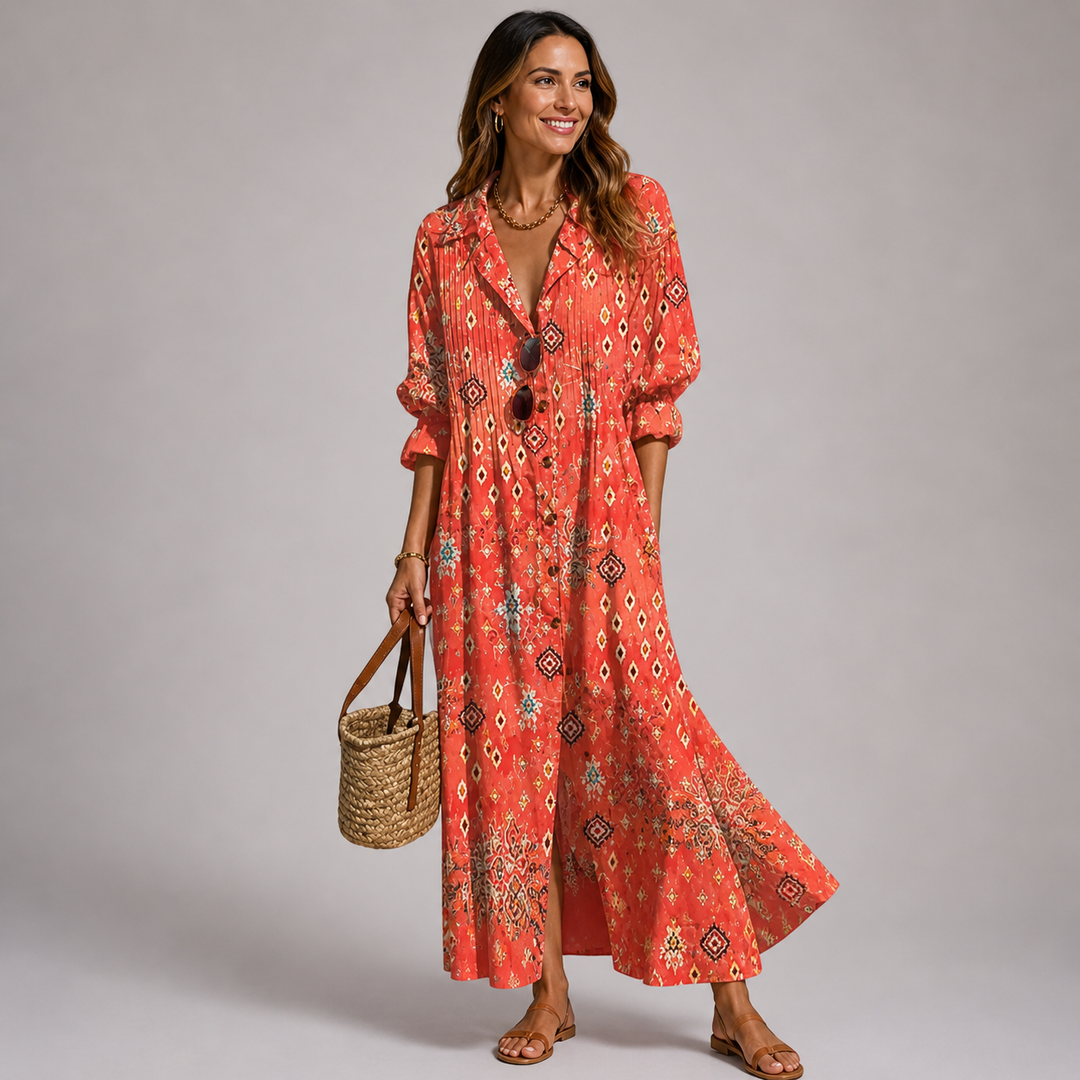 Comfortable women's casual bohemian maxi dress, button-front, printed. Flowy V-neck for summer resort wear.