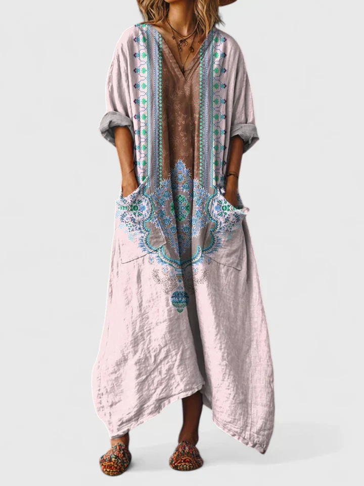 Comfortable oversized printed jumpsuit for women, featuring a relaxed wide-leg fit and convenient pockets.