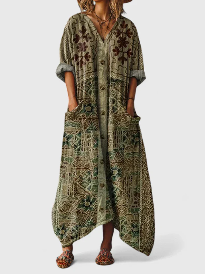 Relaxed bohemian printed jumpsuit, great for summer casual wear or a trendy festival look.