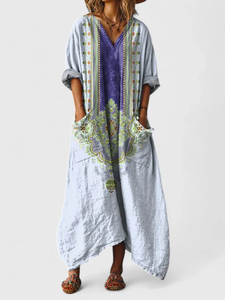 Chic women's printed bohemian jumpsuit, an oversized maxi dress style with wide legs and pockets.