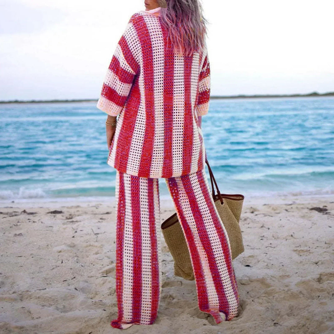 Comfortable women's bohemian striped two-piece summer set. Relaxed fit for effortless style, vacation, beachwear.