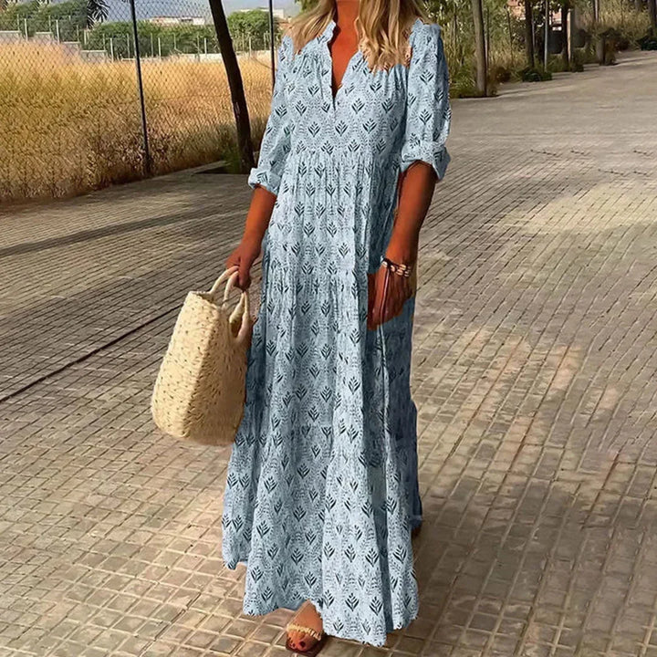Bohemian V-neck long sleeve maxi dress for women, ideal for summer beachwear & spring casual outfits.