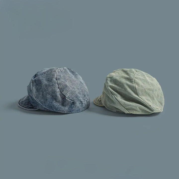 Chic women's denim beret in a boho style. Blue hat, a fashionable vintage-inspired accessory for her.