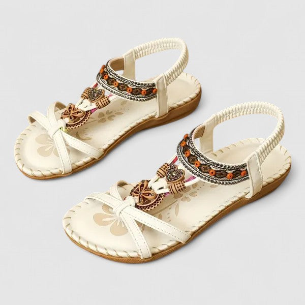 Elegant women's flat ethnic sandals, beautifully embroidered, ideal for summer beach & holiday.