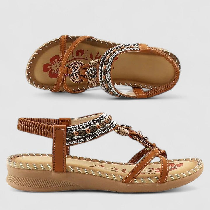 Women's boho embroidered flat sandals for stylish summer casual and beach outings.
