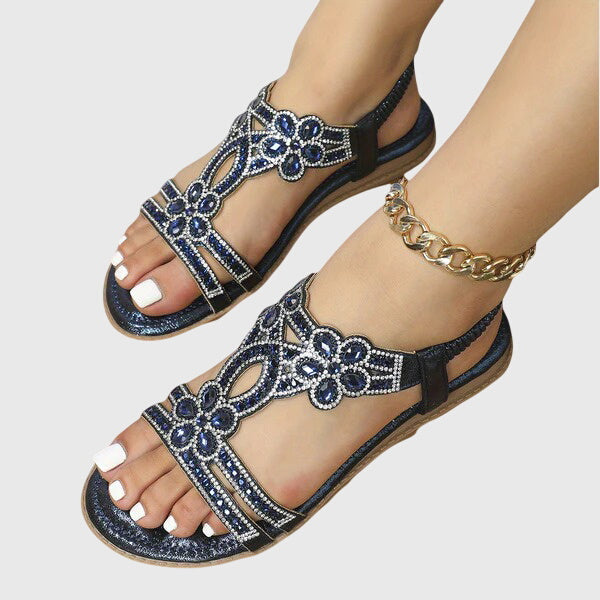 Women's boho flat sandals with sparkling rhinestone embellishments, perfect for summer vacation.