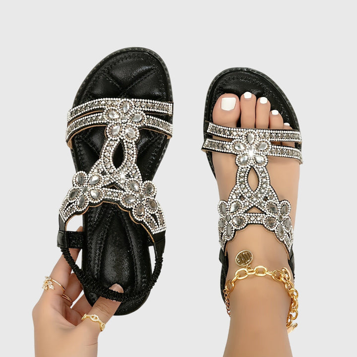 Women's flat boho sandals, embellished with rhinestones, perfect for casual summer evenings.