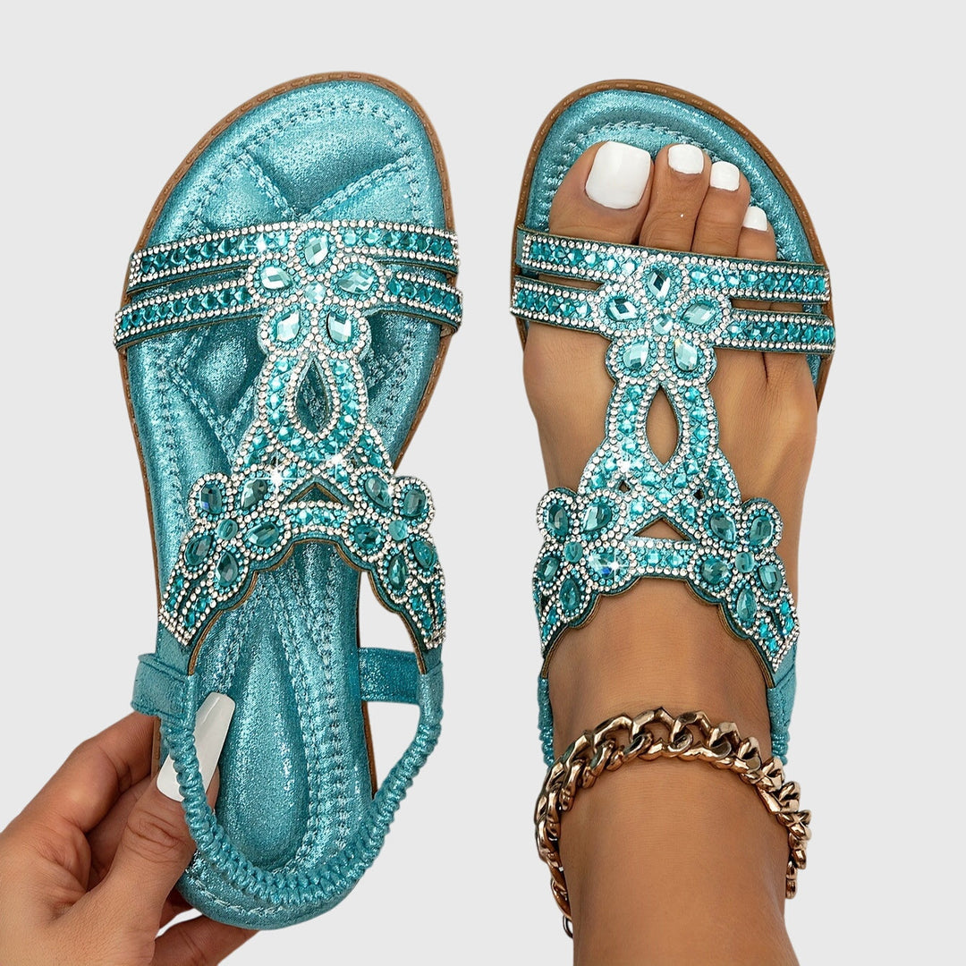 Casual slip-on flat sandals for women, boho style, embellished with rhinestones for vacation.