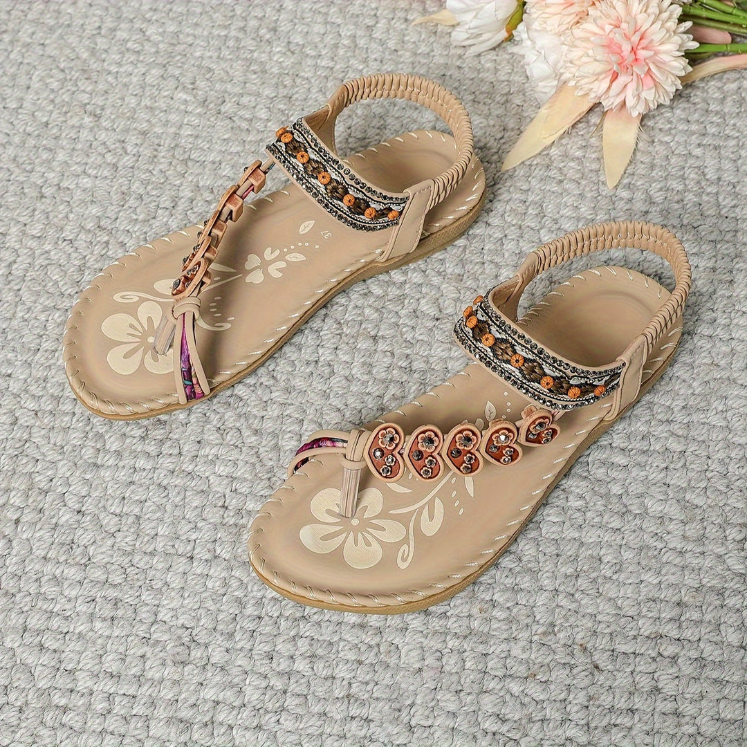 Stylish women's summer sandals: flat, boho-chic, with sparkling rhinestones, beads, and a comfortable toe ring.