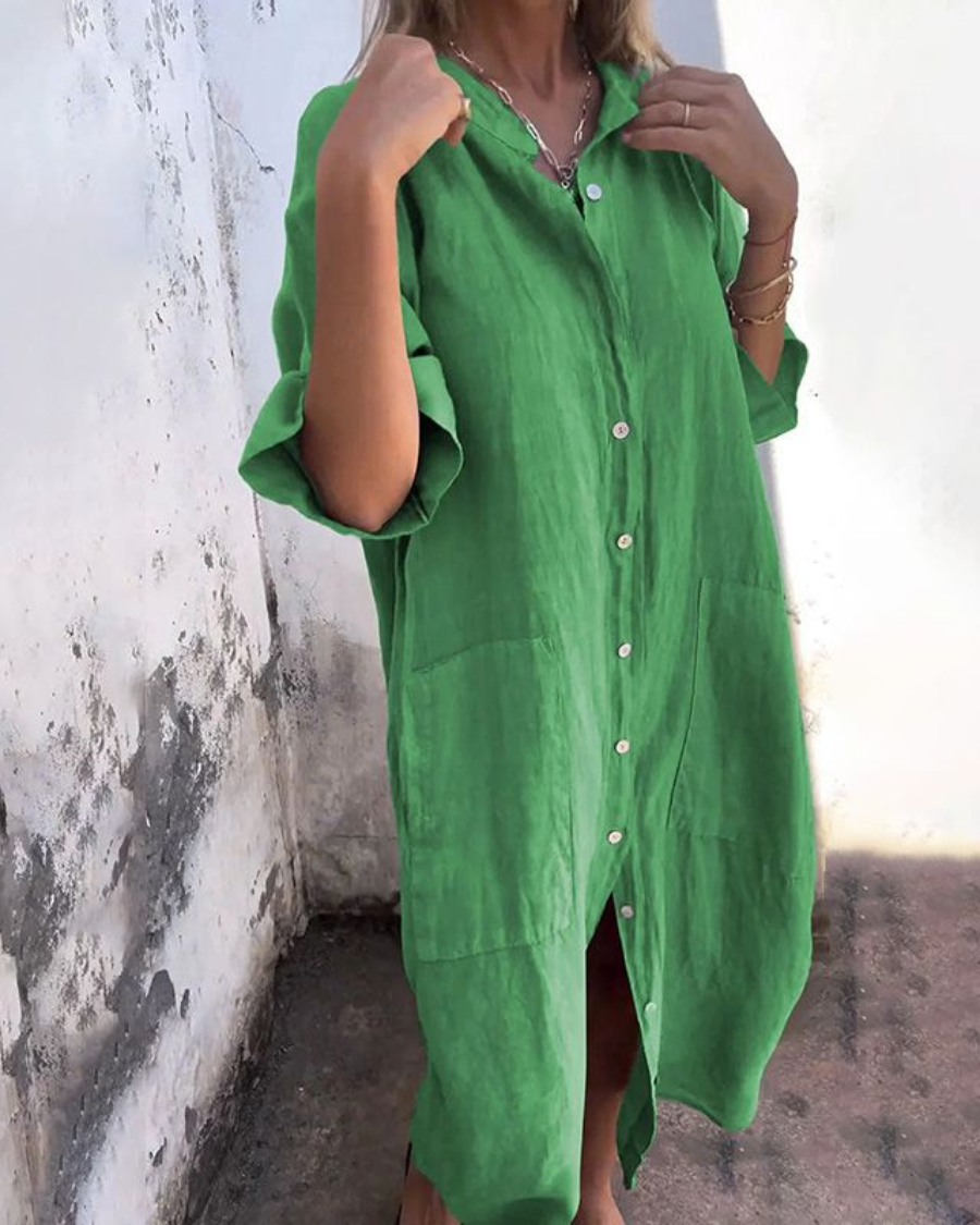 Spring/summer women's boho floral button-down maxi dress, a comfortable and chic vacation outfit.