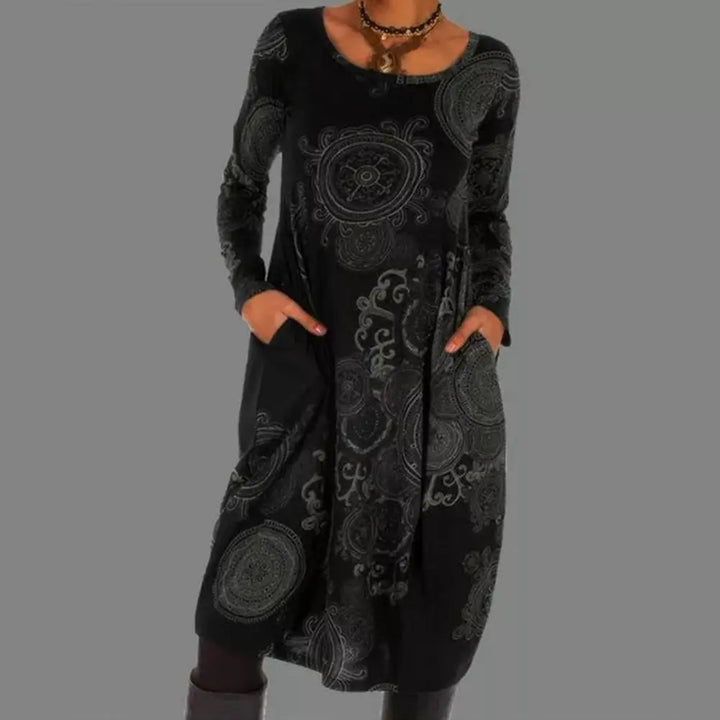 Graceful women's midi dress: boho floral print, long sleeves, perfect for garden parties & elegant brunches.