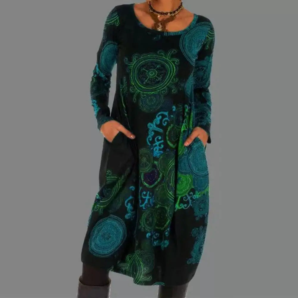 Elegant women's long sleeve floral midi dress in a bohemian style, comfortable for day-to-night wear.