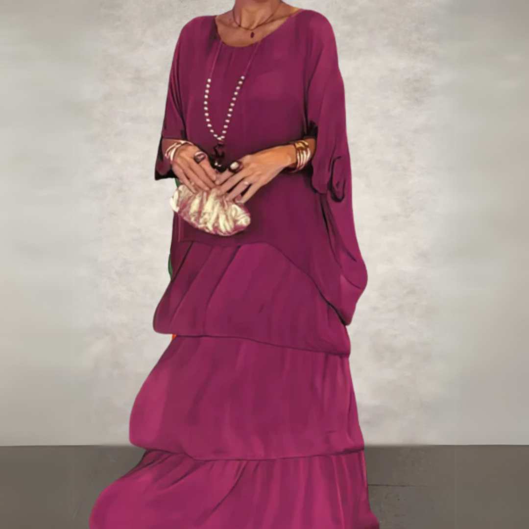 Women's bohemian two-piece maxi dress with a relaxed batwing top & a beautiful tiered skirt.