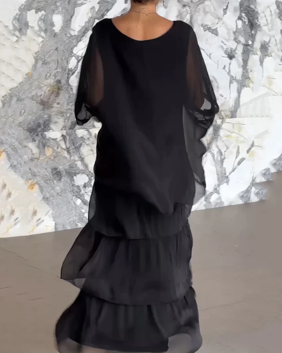 Elegant women's summer two-piece maxi dress set; a beautiful boho flowy outfit for women.
