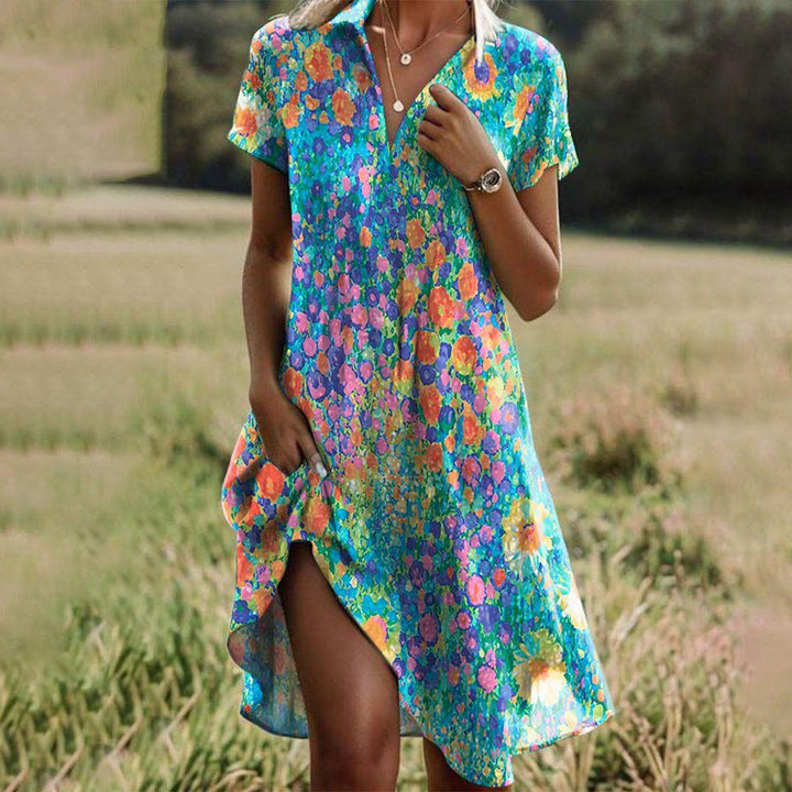 Women's boho maxi dress, flowing & breathable, perfect for chic summer style or vacation wear. Comfortable short sleeve.