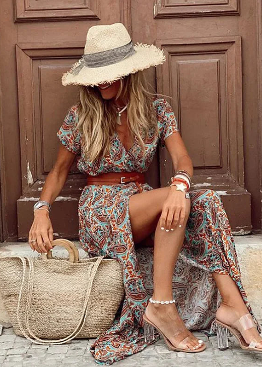 Women's airy boho maxi dress with a matching belt, long, flowy, and perfect for summer & casual bohemian style.