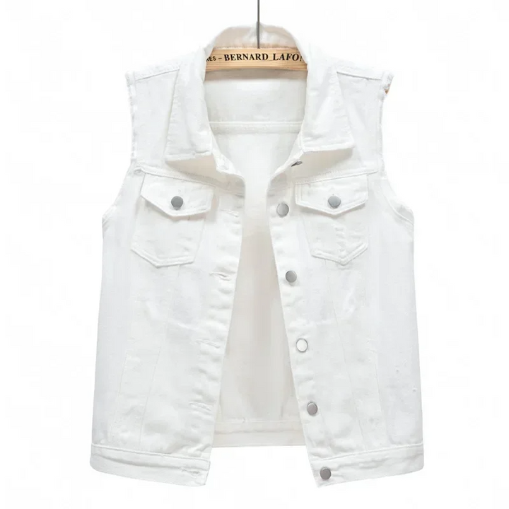 Blue denim vest, women's classic yet bold outerwear for everyday style.